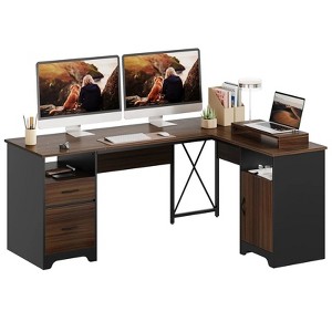 Bestier 63inch L Shaped Desk with File Drawers Cherry