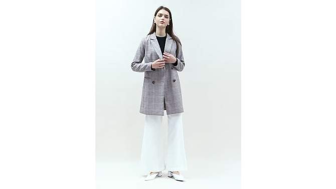Allegra K Women's Double Breasted Notched Lapel Plaid Overcoat with Pockets, 2 of 8, play video