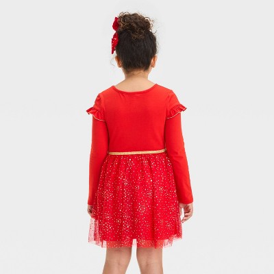 Cat & Jack - Brandclub - Girls' Long Sleeve Holiday 'Star'  Tulle Dress - Cat & Jack™ Red S