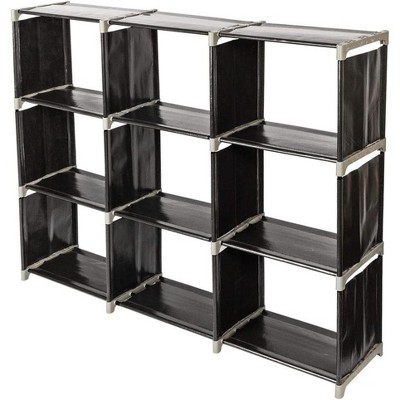 3-Tier 9-Cube Storage Shelf - Sturdy ABS plastic & steel frame, rustproof for multiple rooms in black.