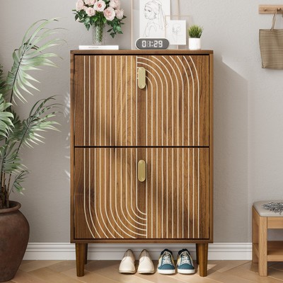 Freestanding Pine Wood Shoe Storage Cabinet with 2 Flip Drawers, Freestanding Organizer for Entryway, Hallway, Shoe Cabinet