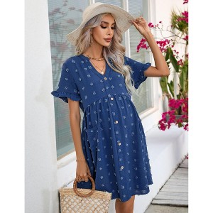 Womens Maternity Dress V Neck Lantern Sleeve Jacquard Dot Pocket Babydoll Baby Shower Dress - 1 of 4