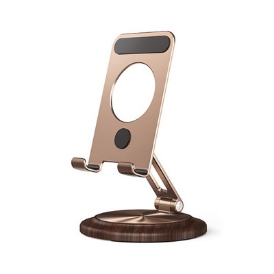 The Misty Moon's Rotatable and Foldable Walnut Wood Gold Desktop Phone Stand