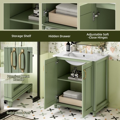 Mshliw 30 Inch Bathroom Vanity with Ceramic Sink, Freestanding Storage Cabinet with Hidden Drawer, Solid Wood Frame Bathroom Vanity with Shelf