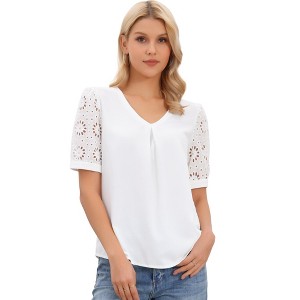 INSPIRE CHIC Women's Lace Short Sleeve V Neck Front Pleat Cutout Dressy Casual Blouses - 1 of 4