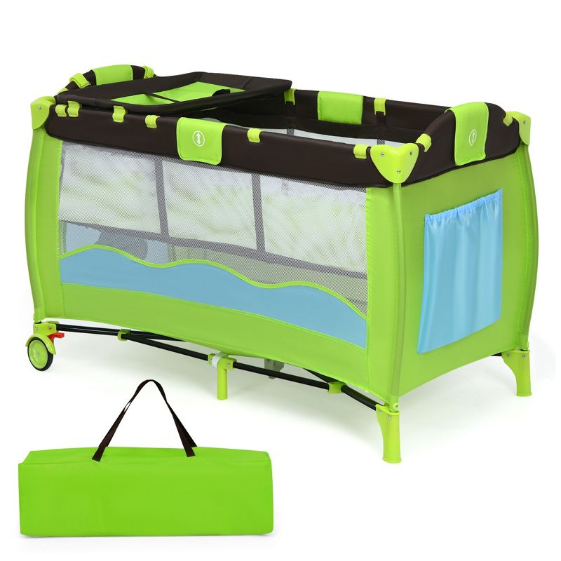 Costway Baby Crib Playpen Playard Foldable Bassinet Infant Bed Coffee/Blue/Green/Pink, 1 of 11