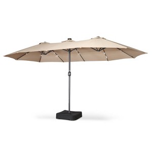 Home Zone Living 15x9 Ft Double Head Patio Umbrella with Base, 36 LED Lights, Sand Bags, UV Resistant & Waterproof, 213 LBS Total Weight, Beige Tan - 1 of 4