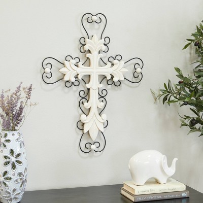 Wood Biblical Carved Cross Wall Decor With Metal Scrollwork White ...