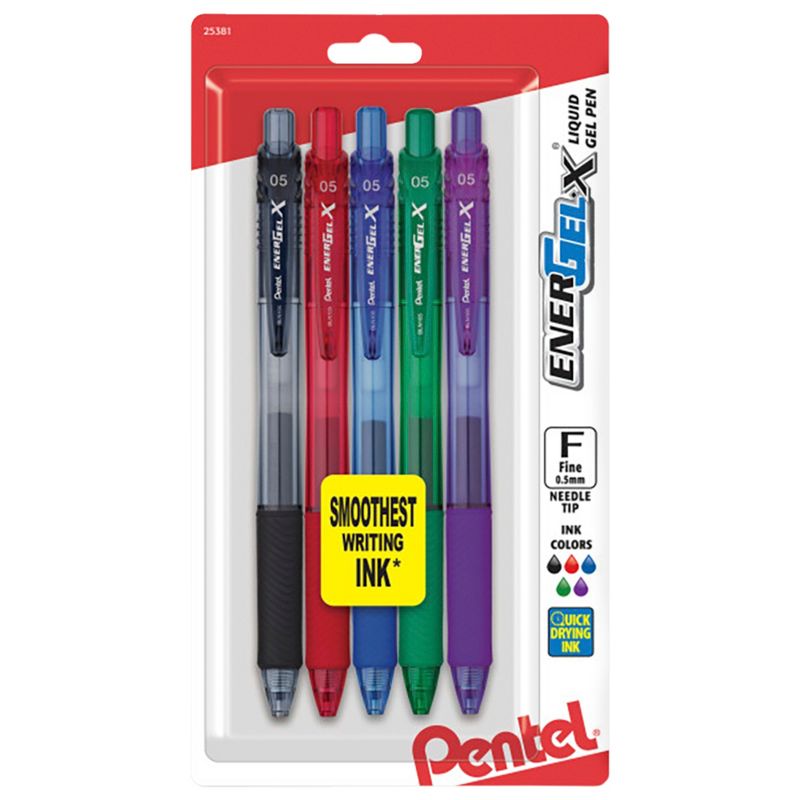 Pentel EnerGel-X Retractable Liquid Gel Pen, 0.5 mm, Assorted Colors, Pack of 5, 1 of 2