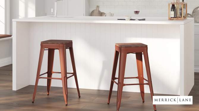 Merrick Lane Backless Metal Dining Stool with Wooden Seat for Indoor Use, 2 of 5, play video