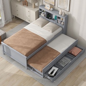 PAGED Twin Size Platform Bed Modern Simple Wooden Bed Frame with Trundle, 3 Drawers and Storage Headboard for Bedroom - 1 of 4