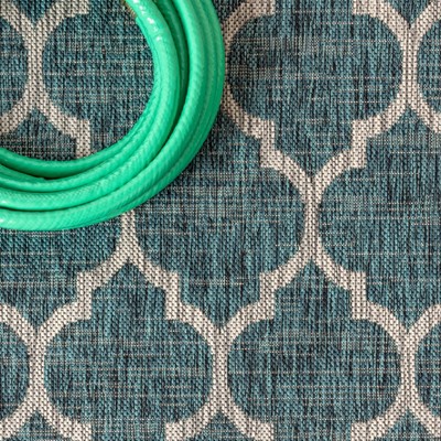 Teal and Gray Round Moroccan Trellis Indoor/Outdoor Rug