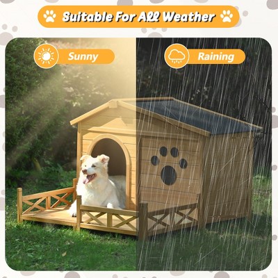 Natural Pine Wood Dog House with Asphalt Roof and Porch