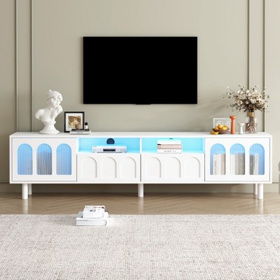 Whisen Elegant TV Stand for TVs Up to 80'' with LED Light Strip and Fluted Tempered Glass Doors