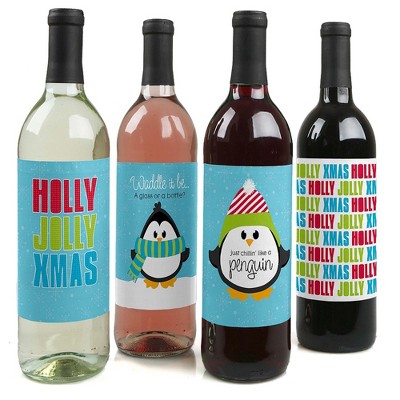 Big Dot of Happiness Holly Jolly Penguin - Holiday and Christmas Party Decorations for Women and Men - Wine Bottle Label Stickers - Set of 4