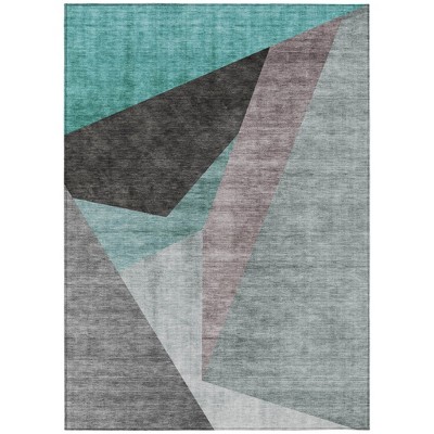 Teal Blue Aqua And Charcoal Abstract Washable Indoor Outdoor Area Rug