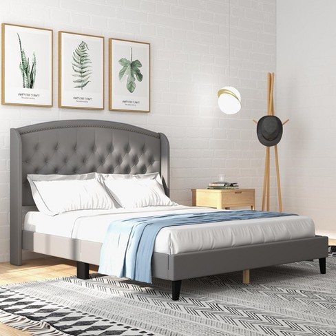 Bed Frame with Button Tufted Wingback Headboard