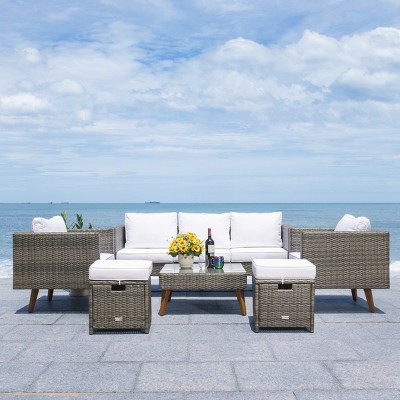 Presla 6-Piece Gray Brown Wicker Patio Set with White Cushions