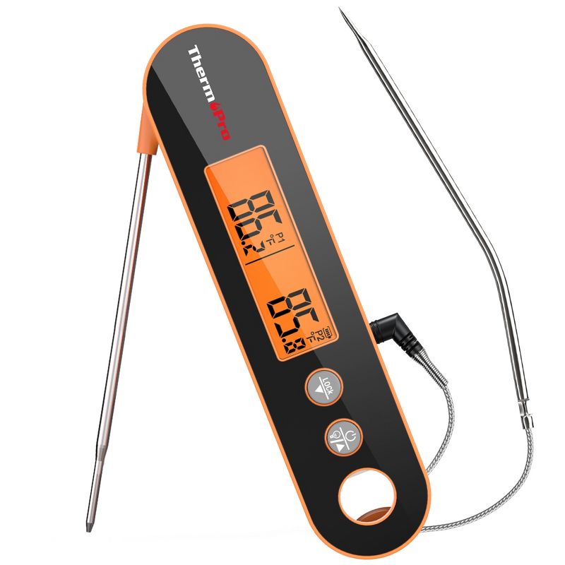 ThermoPro TP610W Waterproof Dual Probe Meat Thermometer with Alarm Programmable and Rechargeable Instant Read Food Thermometer W/ Rotating LCD Screen, 1 of 7