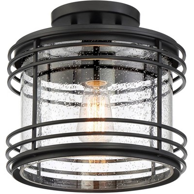 Possini Euro Design Modern Outdoor Ceiling Light Fixture Black Geometric 11" Clear Seedy Glass for Exterior House Porch Patio Deck