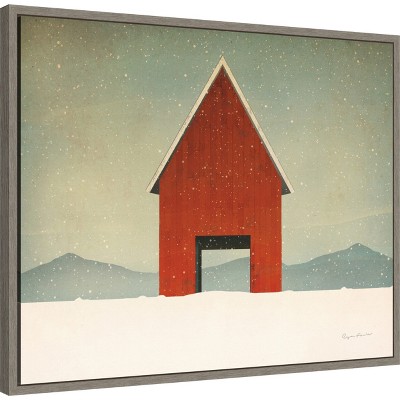Red Barn Winter Scene Canvas Print in Greywash Frame
