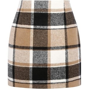 Women's High Waist Plaid Skirt - Wool Blend Bodycon Pencil Mini Skirt Brown New - 1 of 4