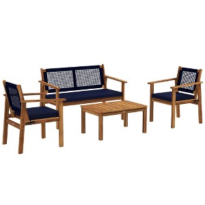 Outsunny 4 Piece Wood Outdoor Furniture Set with Cushions, Patio Sofa Set with Slatted Wood Top Table for Backyard Lawn Porch, Blue - 1 of 4