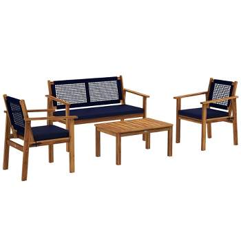 Outsunny 4 Piece Wood Outdoor Furniture Set with Cushions, Patio Sofa Set with Slatted Wood Top Table for Backyard Lawn Porch, Blue