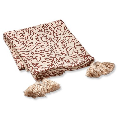 tagltd Vine Cotton Decorative Throw for Sofa or Bed, Ivory background with Tassells. 50L x 60W in.