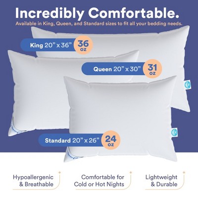 Queen Size Firm White Down Fill Hypoallergenic Pillows - Set of 2