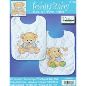 Tobin Stamped Cross Stitch Bib Pair Kit 8"X10" 2/Pkg-Baby Bears - 1 of 2