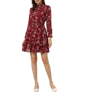 INSPIRE CHIC Women's Floral Long Sleeve Mock Neck Ruffle Layered Smocked Mini Dress - 1 of 4