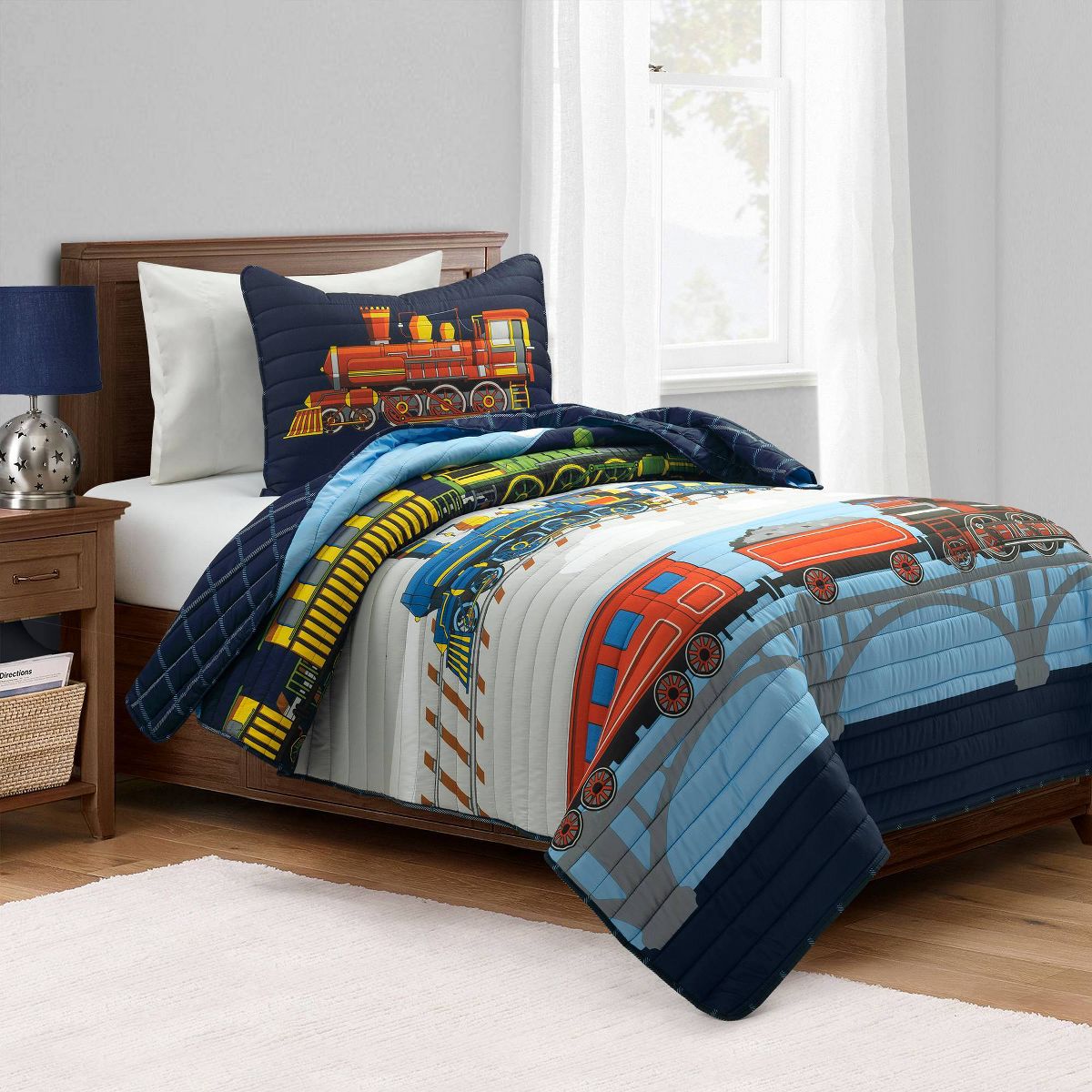 Lush Décor Twin 2pc Set Kids' Steam Trains Quilts Navy