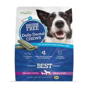 Vetality Brush Free Daily Mint and Chicken Flavor Dental Chew Vitamin Supplements for Dogs - 14.82oz/14ct - 1 of 4