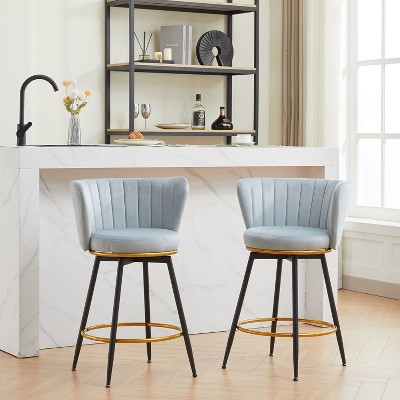 KTMBDW Counter Height Bar Stools Set of 2, 360° Swivel Upholstered Barstools with Backs and Metal Legs, 25.2" H Seat Height, Velvet Fabric