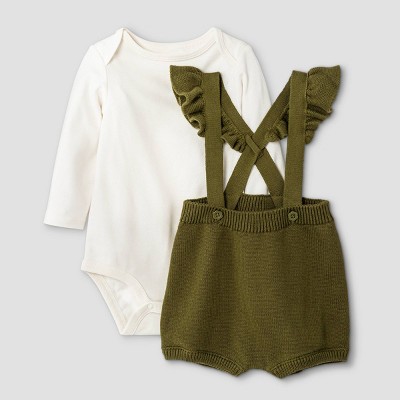 Image of Baby Girls' 2pc Ruffle Shoulder Bodysuit & Sweater Set - Cat & Jack™ Olive Green 3-6M