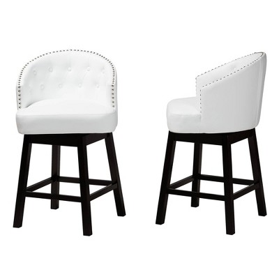 White Faux Leather and Espresso Wood Swivel Counter Stools, Set of 2