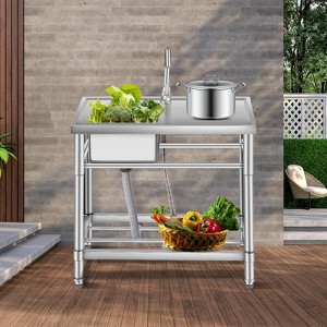 Stainless Steel Utility Sink, Free Standing Single Bowl Commercial Sink with Faucet, Hot/Cold Water Pipes, Storage Shelf & Drain Kit for Kitchen - 1 of 4