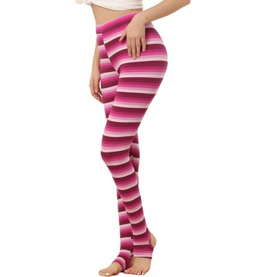 Allegra K Women's Printed High Waist Elastic Waistband Yoga Stirrup Pants  Hot Pink-Stripe Large