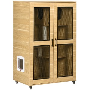 PawHut Cat House with Cat Tree Kitty Cage with Scratching Posts Condo Wheels Flap Door, 31.5" x 20" x 48.5" - 1 of 4