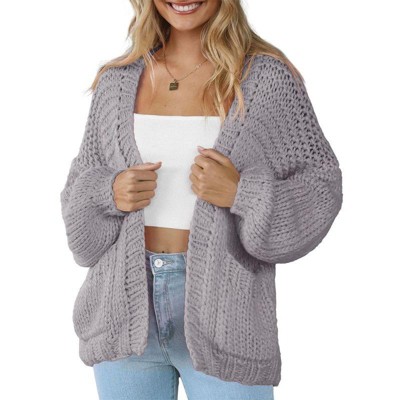 Coolmee Women's Open Front Chunky Knit Cardigan Loose Lantern Long Sleeve Oversized Sweater Coats with Pocket