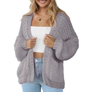 Coolmee Women's Open Front Chunky Knit Cardigan Loose Lantern Long Sleeve Oversized Sweater Coats with Pocket - 1 of 4