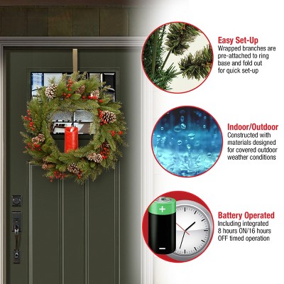 Bristle Berry Pine 24" Artificial Christmas Wreath with Flickering Candle