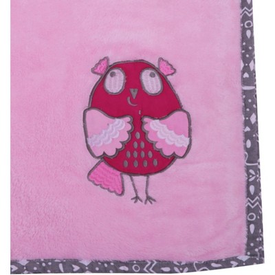 Bacati - Owls Pink with Grey Border Embroidered Baby Plush Blanket