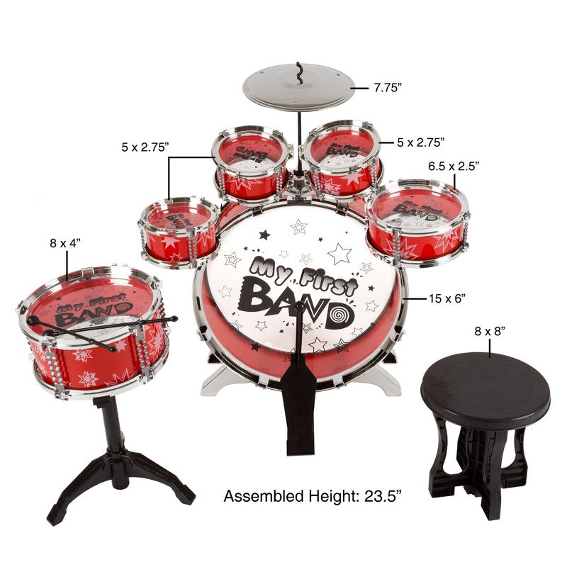 Toy Time Kids' Drum Set - 7 Piece Set with Bass Drum with Foot Pedal, Tom Drums, Cymbal, Stool and Drumsticks - Red, 2 of 8