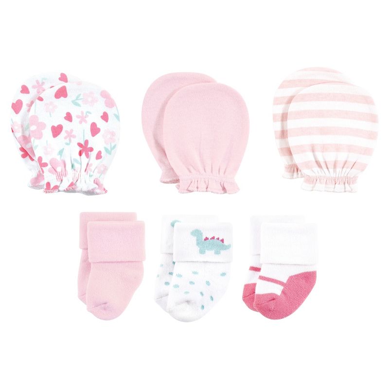 Hudson Baby Infant Girl Caps or Headbands, Bibs, Mittens and Socks 12pc Set, Dinosaur, 0-6 Months, 5 of 6