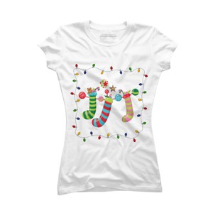 Junior's Design By Humans Christmas Stocking with Christmas Lights By realdealclipart T-Shirt - 1 of 3