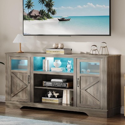 TV Stand with LED Lights, Farmhouse Entertainment Center for 55-65 Inches TV, TV Console Table with Storage Cabinets & Open Shelves for Living Room