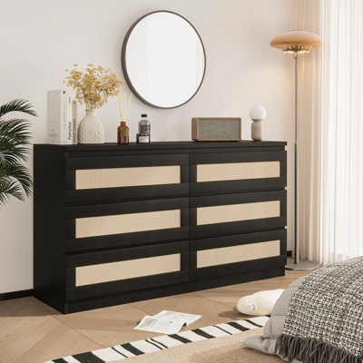 Rattan Dresser for Bedroom, Modern 6 Drawer Double Dresser with Anti-Tip Kit