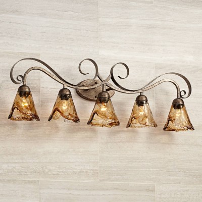 Golden Bronze 46'' Handmade Amber Glass Scroll Wall Light